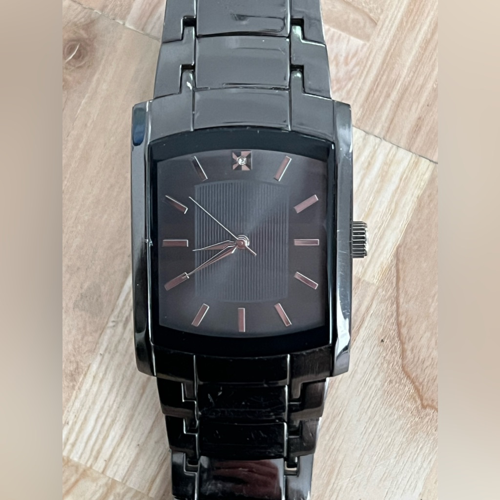 Rectangular Mens Watch Black Bracelet And Dial Diamond Stainless Hands Markers
